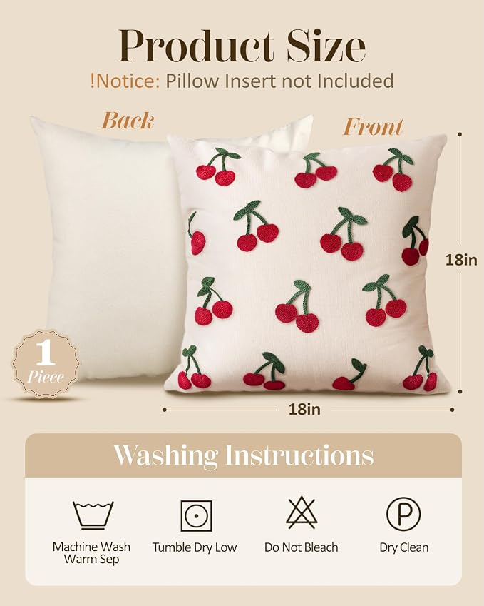 Embroidered Throw Pillow Cover 18x18 Inch - Spring Summer Boho Decorative Pillow Cover with Zipper for Living Room Couch Sofa Bed Aesthetic Design Little Cherry Cushion Pillowcase (Pack of 2)
