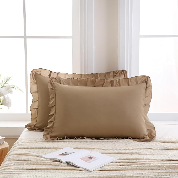 Merryword Taupe Pillow Shams Taupe Ruffle Standard Pillowcases Cute Pillow Cover Set of 2 Shabby Chic Soft Microfiber Pillowcases 2 Pack