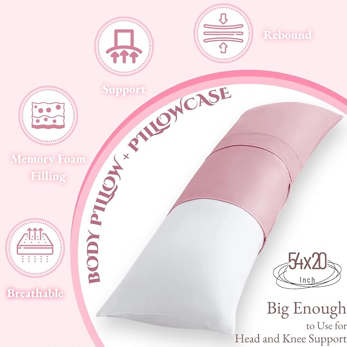 Ubauba Memory Foam Body Pillow with Cover, Full Large Body Pillows Insert for Adults with Envelope Closure Pillowcase, Firm & Fluffy Long Bed Pillows for Sleeping (20x54 inch, Pink)