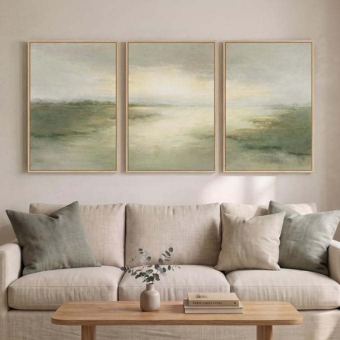 Large Framed Sage Green Landscape Abstract Wall Art, Set of 3 Each 20x30 In | Green nature painting, Canvas prints, Wood frame, Lake picture, Modern rustic artwork, Wall decor for living room dining room