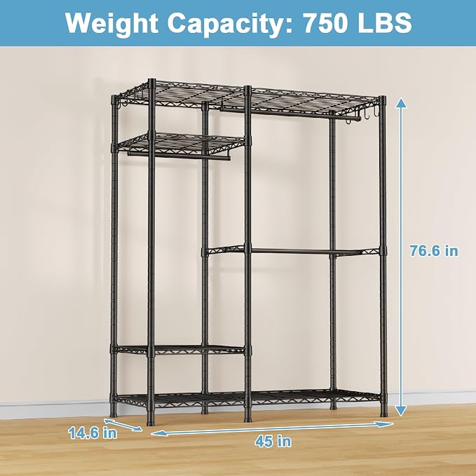 Ulif F7 Medium Clothes Rack, Clothing Racks for Hanging Clothes, Black | Heavy Duty Garment Rack, 6-Tiers Freestanding Portable Closet Storage Racks 45'' W × 14.6'' D × 76.6'' H, Max Load 750 Lbs