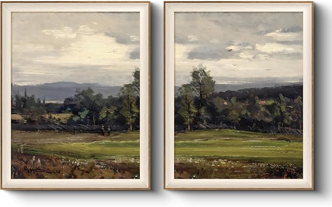 VIYYIEA Framed Vintage Landscape Wall Art Set of 2, Impressionist Pastoral Nature Canvas Painting Print, Rustic Country Cottagecore Home Decor for Living Room Bedroom, 16x20 Inch