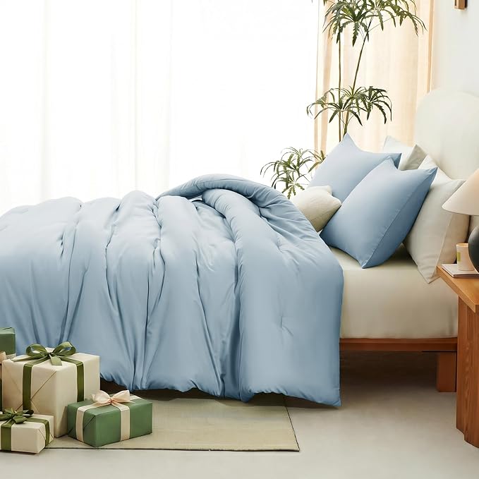Twin Comforter Set, 2 Pieces Down Alternative Bedding, Light Blue | 270 GSM Twin XL College Dorm Comforter with 4 Corner Ties Use as a Duvet Insert, OEKO-TEX Certified, 1 Pillowcase, 68 x 88 in