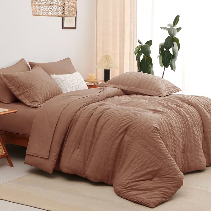 Queen Comforter Set, 7 Pieces Mocha Mousse Seersucker Bed in a Bag | OEKO-TEX Certified, All Season Bedding Set with 240 GSM Down Alternative Comforter, Flat & Fitted Sheets, Pillowcases & Shams
