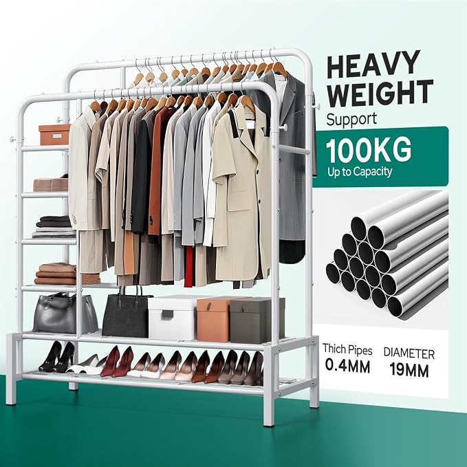 Clothes Rack with Shelves, Double Rods Clothing Rack for Bedroom, White | Metal Garment Rack for Hanging Clothes, 2 Bottom Shelves & 4 Side Shelves, 220 LBS Clothes Racks for Laundry Room, Dorm Room