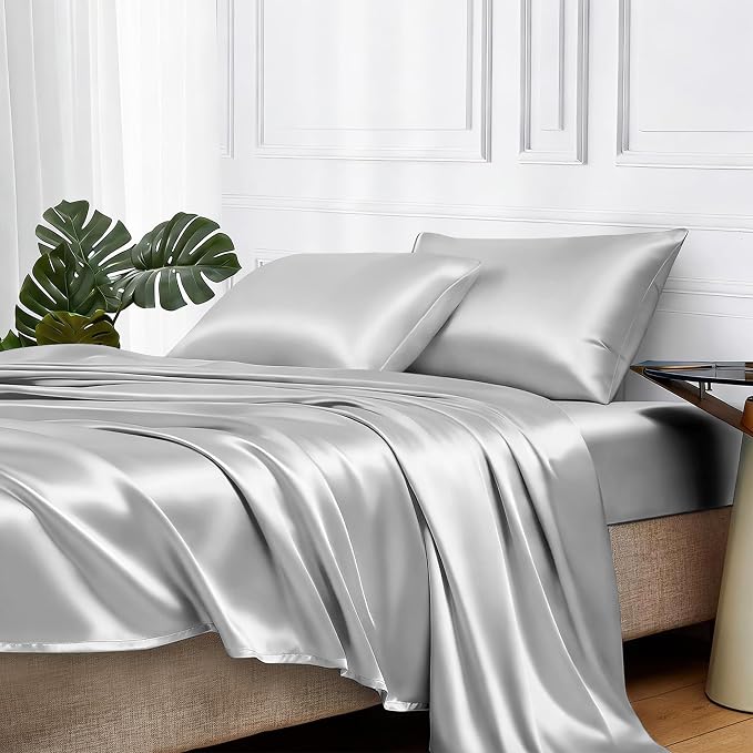 MR&HM Satin Sheets Queen Size with Elastic Corner Straps, Silver Grey | Similar to Silk, 4-Piece Silky Soft Bed Sheet Set, Gentle on Skin and Hair, 15" Deep Pocket, Cooling & Breathable