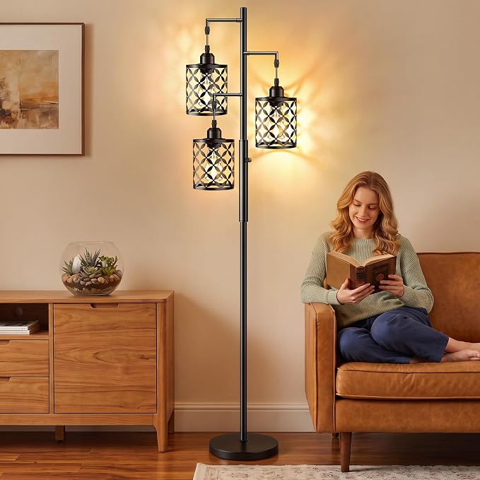 68" Industrial Tree Floor Lamp, Dimmable Farmhouse Tall Stand Light with Metal Cages & Rotary Dimmer Knob, Corner Decor Lighting for Living Room Bedroom Cafe, 3 x 800LM Bulbs Included-Black