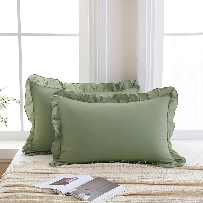 Merryword Avocado Green Pillowcases King Size Ruffled Pillow Shams Set of 2 Cute Pillowcases Solid Green Shabby Chic Pillow Cover 2 Pack