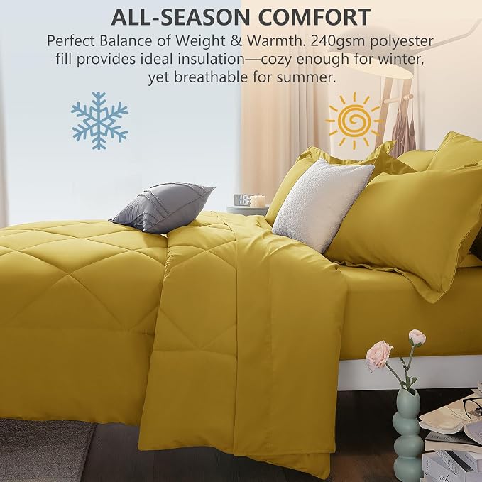 Full Size Comforter Sets Mustard Yellow - 7 Pieces Bed in a Bag | OEKO-TEX Certified, All Season, 240GSM Down-Alternative Comforter, Sheets, Pillowcases & Shams, 14" Deep Pocket, Easy Care