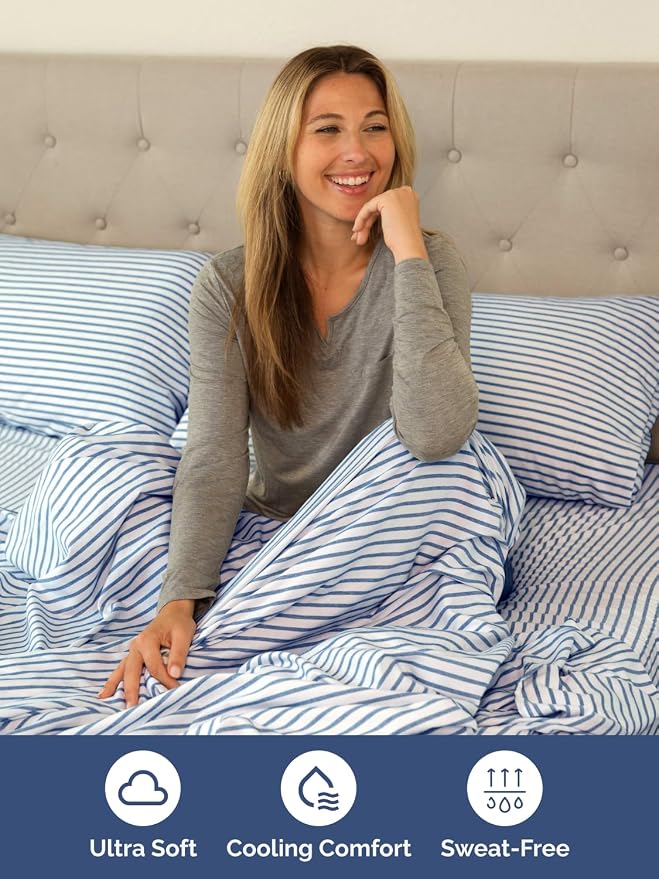 Extra Deep Cal King Sheet Set - 6 Piece Breathable & Cooling - Blue Stripes | Hotel Luxury Bed Sheets Set, Easy & Secure Fit, Ultra-Soft, Wrinkle & Fade Free, Comfy Sheets Set with Extra Deep Pockets
