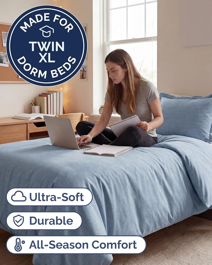 Duvet Cover Twin/Twin XL - 2 Piece with Zipper Closure - Heathered Blue | Extra Soft, Breathable, Twin/Twin XL Duvet Cover 68" x 90" w/ 1 Pillow Sham, Zipper Closures & Ties, Women, Men, Kids & Teens