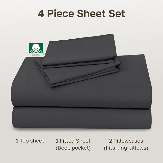 Soft Natural 100% Cotton Sateen Deep Pocket King Sheet Set, Dark Grey | Backed by Good Housekeeping Seal, Light & Breathable For Hot Sleepers, 14" Deep Pocket, All-Around Elastic, Durable