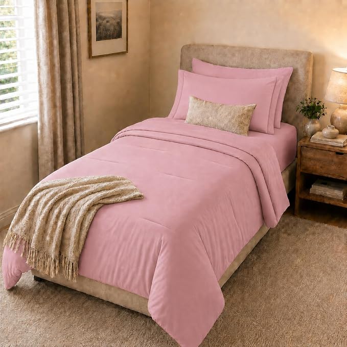 HIMEET Twin XL Comforter Set, 5-Piece Point-Quilted Bed in a Bag, Pink | OEKO-TEX Certified, Lightweight 240 GSM Comforter, Flat Sheet, 14-Inch Deep-Pocket Fitted Sheet, Pillowcase & Sham