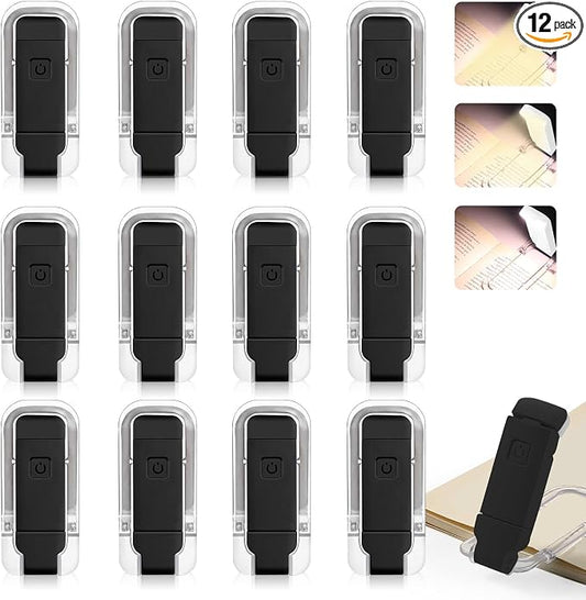 VZZNN 12 Pack Reading Light,Rechargeable Book Light for Reading in Bed,Clip-On Book Lights with 3 Color Temperature,Bulk Gifts for Book Lovers Kids Adults（Black）