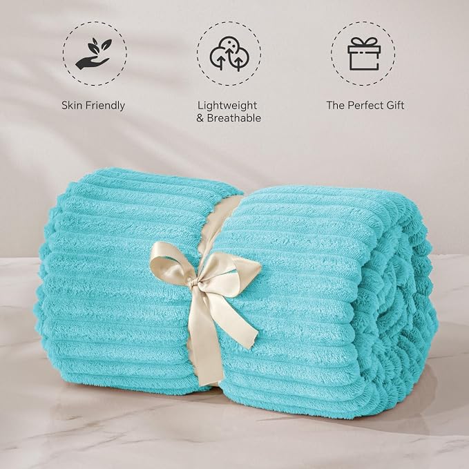 BEDELITE 3D Ribbed Light Blue Fleece Twin Blanket for Couch, 60x80 Inch | Soft Warm Fluffy Blanket for Bed Sofa College Dorm Room Decor, Luxury Cozy Plush Birthday Gifts for Women Girls, Lightweight