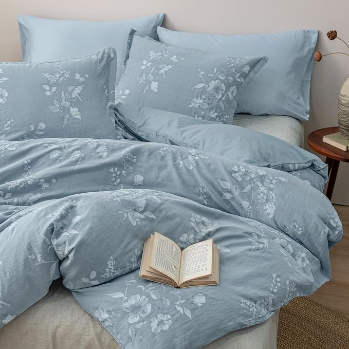 PHF Stone-Washed 100% Cotton Duvet Cover Queen Size, 90"x90", Stormy Blue | Elegant Floral Jacquard Woven, Ultra Soft Breathable All Season Bedding Set for Adults, 3pcs with 2 Pillow Shams, No Filling
