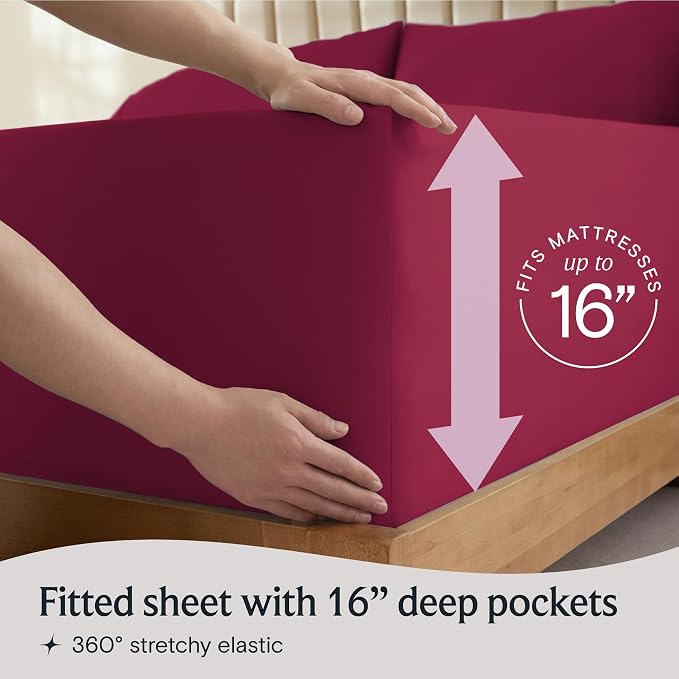 LuxClub 7 PC Split King Sheet Set Bed Sheets Deep Pockets 18" Eco Friendly Wrinkle Free Cooling Sheets Machine Washable Hotel Bedding Silky Soft - Burgundy Split King | LuxClub Silky Fitted Sheet & Pillowcase Sets, Breathable Hotel Luxury Bedding for M...