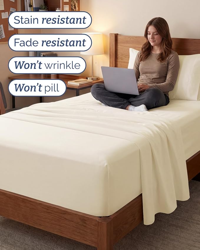 Extra Deep Twin XL Sheet Set - 3 Piece College Dorm Room - Off White | Soft, Breathable & Cooling, Easily Fits 18 to 24 inch Mattress, Wrinkle Free & Fade Resistant with Extra Deep Pockets