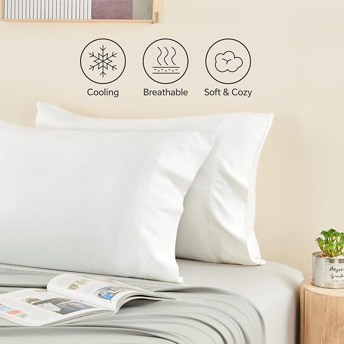 BEDELITE Cooling Pillow Cases Queen 2Pcs, Rayon Made from Bamboo, White | Cooling and Breathable Pillow Cover for Hot Sleepers & Night Sweats, Silky Soft Cozy, Envelope Closure, 20"x30"