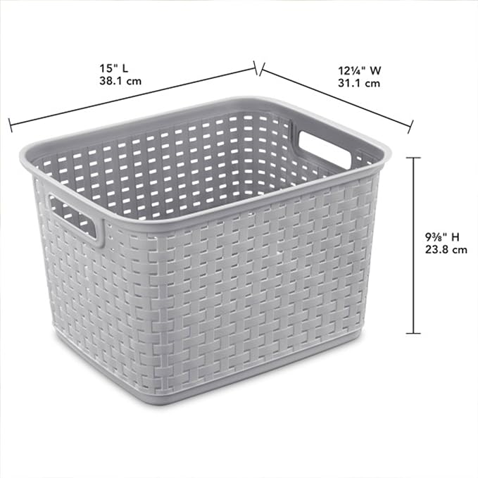 Sterilite Tall Weave Basket, Rectangular Plastic Décor Bin, Gray, 6 Pack | Multi-Purpose and Decorative Organizer for Clothes, Shelves, Closets, Pantries, Living Rooms or Offices