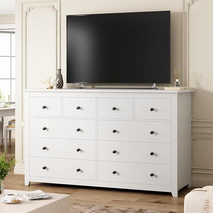 EnHomee White Dresser for Bedroom with 10 Drawer, Multi-Layer Organization | Modern Wood Chest, 52"W TV Stand Versatile for Living Room Entryway Closet, Metal Frame and Handles, Smooth Glides, Anti-Tip