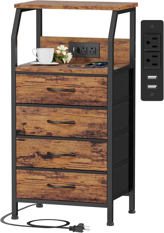 Furnulem Night Stand with Charging Station, 4 Drawers Tall Bedside Table | Small Rustic Brown Dresser, 33.3 Inch Tall Dorm Nightstand, Fabric Drawers, Storage Tower for Closet, Bedroom, 3 Ways to Use