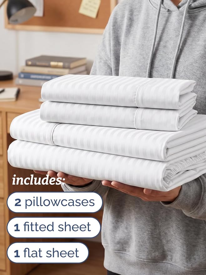 Twin 4 Piece Bed Sheet Set - Breathable & Cooling Sheets - Striped White | Ultra Soft Hotel Luxury Bedding Set with 8-16 Inch Deep Pockets, 1 Flat & 1 Fitted Sheet & 2 Pillowcases, Wrinkle & Fade Free