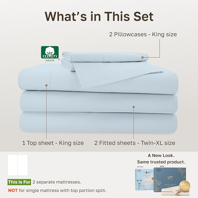 California Design Den 100% Cotton Sateen Split King Sheet Set, 5 Pcs | 500 Thread Count with Good Housekeeping Seal, Split King Sheets Sets for Adjustable Bed with 2 Separate Twin-XL Mattresses