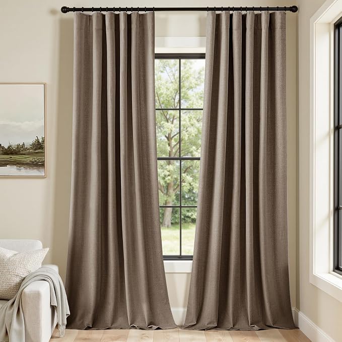 MIULEE 100% Blackout Back Tab Pleat Linen Curtains 50" Wx96 L,Dutch Cocoa | 2 Panels,Thick Faux Linen,Textured Drapes,with Hooks,for Bedroom Living Room,Black Out,Room Darkening