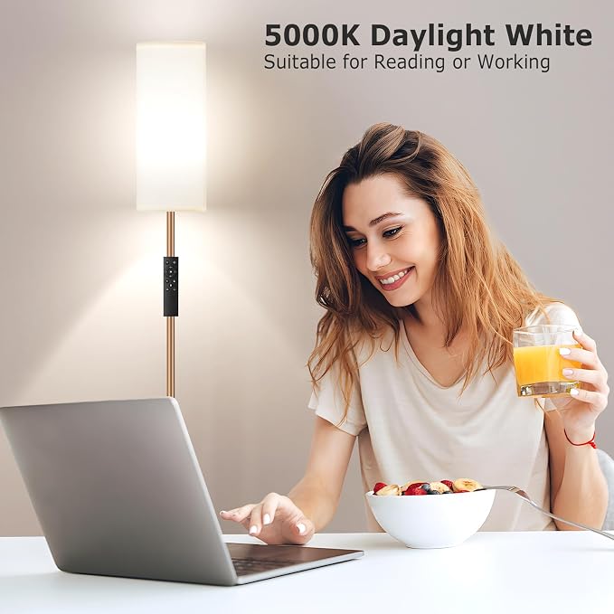 64'' Floor Lamps for Living Room with Remote Control and Stepless Dimmable Colors Temperature & Brightness, 9W Bulb Included(White Lampshade & Brown Pole)