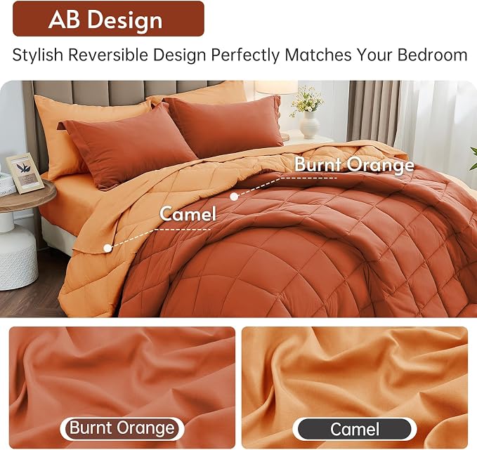 7 Pieces Oversized Queen Comforter Set, Reversible Bed in a Bag Oversized Queen Size, All Season Bedding Set with Comforter, Flat Sheet, Fitted Sheet, Pillowcases & Shams, Burnt Orange & Camel