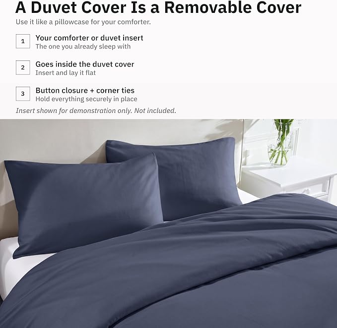 California Design Den Luxury Twin XL Duvet Cover Sets, Indigo Dusty Blue | Soft 400 Thread Count 100% Cotton Sateen Backed by GH Seal, Duvet Cover & Pillow Sham 2 Pc Set, Button Closure & Corner Ties