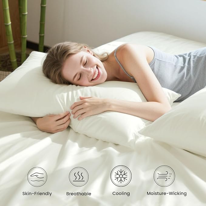 Love's cabin 3 Piece Twin Sheet Set, 100% Rayon Derived from Bamboo, Cooling & Breathable, Soft Silky Deep Pocket up to 16", Hotel Luxury Bedding for Hot Sleepers, Ivory