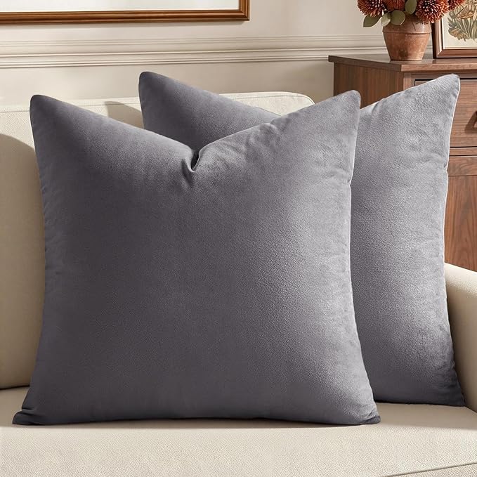 MIULEE Velvet Throw Pillow Covers 18x18 Inch Pack of 2 Medium Gray | Soft Solid Decorative Pillow Covers, Modern Luxury Home Decor, for Couch Chair Sofa Bedroom Livingroom