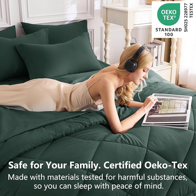 King Size Comforter Set Forest Green - 7 Pieces Bed in a Bag | OEKO-TEX Certified, All Season, 240GSM Down-Alternative Comforter, Sheets, Pillowcases & Shams, 14" Deep Pocket, Easy Care
