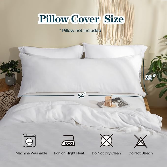 Simple&Opulence Body Pillow Cover 20" x 54",100% Pure Linen, Ultra Soft and Breathable, Body Pillowcase with Envelope Closure for Adults(White)