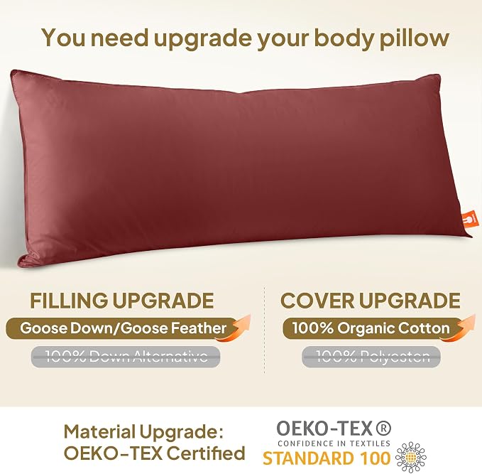 Goose Down Body Pillow for Adults, Burgundy, 20"x60" | Side Sleeper, Cooling Full Length, 100% Organic Cotton Shell, Feather Insert