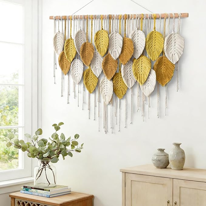 Large Macrame Wall Hanging Boho Woven Tapestry Bohemian Farmhouse Wall Art | KHOYIME Handmade Yellow Leaf Feather Chic Modern Home Decoration for Living Room Bedroom Nursery Dorm Backdrop 39"W X 29.5"L