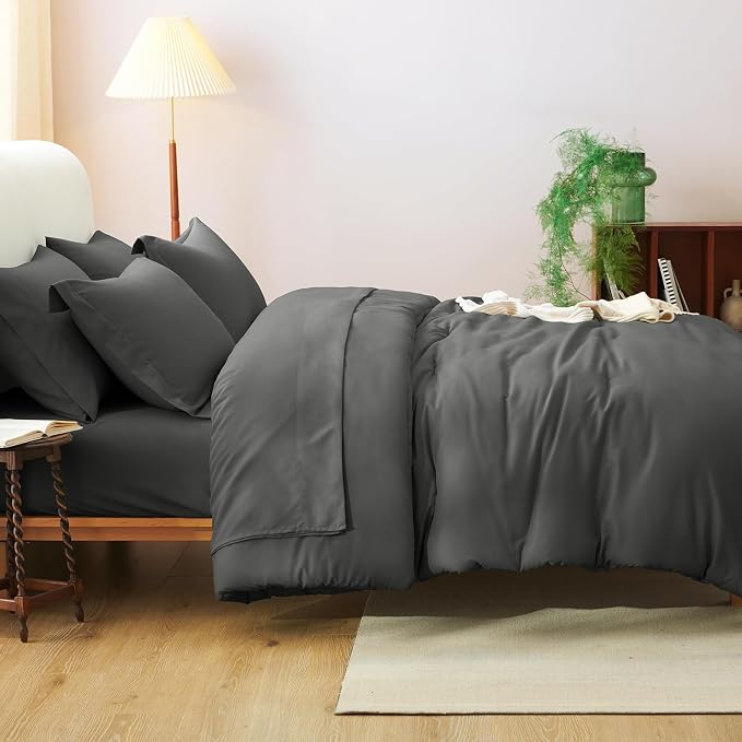 Full Size Comforter Set Dark Grey, 7 Pieces Bed in a Bag | OEKO-TEX Certified, All-Season, Bedroom, 240GSM Down Alternative Comforter, Flat & Fitted Sheets, 2 Pillowcases & 2 Shams