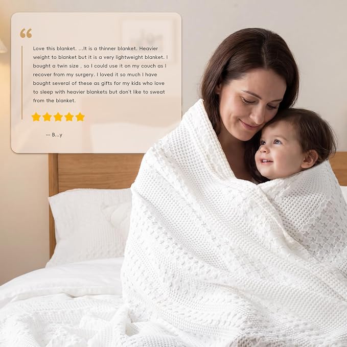 PHF Lightweight 100% Cotton Waffle Blanket for Bed, Twin XL, White | Pre-Washed Soft Cotton Comfort, Breathable Layering Warmth for Fall & Winter, Couch & Guest Room, Couch, Home Decor & Gifts