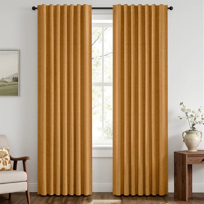 MIULEE Fall 100% Blackout Linen Curtains 42" x 84" Mustard Yellow 2 Panels | Thermal Insulated, Room Darkening Drapes for Bedroom Living Room, Back Tab Rod Pocket Pinch Pleated, Solid Luxury Decor