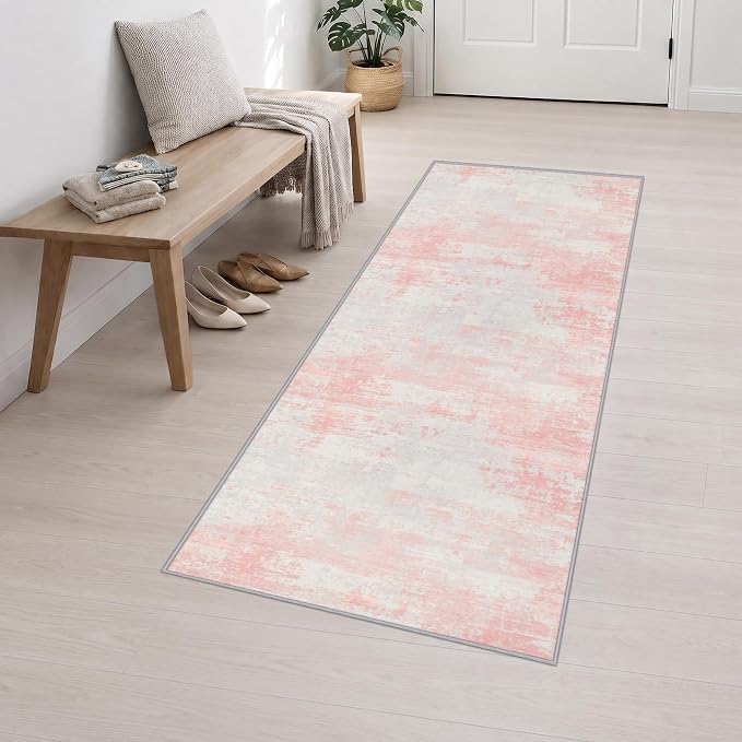 2.6x8 Washable Runner Rug：Modern Abstract Soft Carpet Pink White | For Hallway, Bedroom, Kitchen, Laundry, Bathroom,Door Mat,Modern Abstract,Machine washable,Non-Slip,Stain Resistant,Indoor