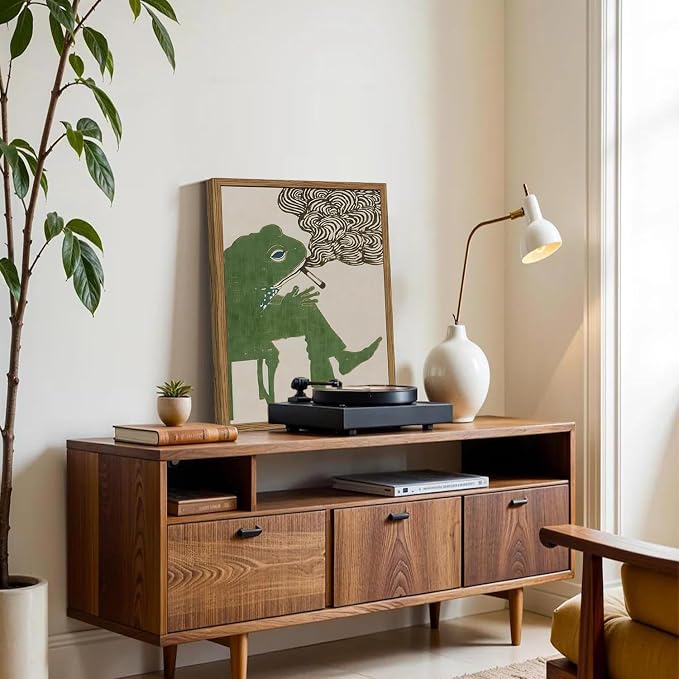 Funny Frog Smoking Wall Art Whimsical Green Frog Wall Decor Painting Cute Animal Bar Cart Poster Canvas Prints for Bedroom Living Room 12x16 inch Wood Framed