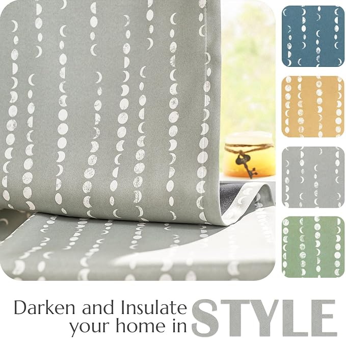 jinchan Boho Blackout Curtains 84 Inches Long Moon Phase Printed Drapes | Grey Farmhouse Curtains for Bedroom Living Room Back Tab Drapes Room Darkening Window Treatments 2 Panels
