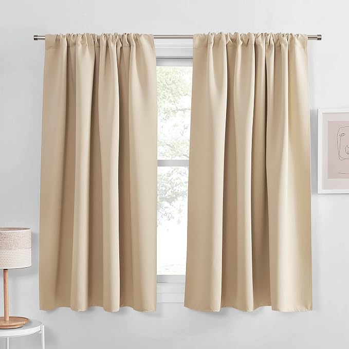 PONY DANCE Short Black Out Curtains 48 inch Long for Small Window, Rod Pocket Privacy Bathroom Draperies, Lighting Blocking Drapes for Basement(2 Panels Set, Biscotti Beige, W42 x L48 inches)