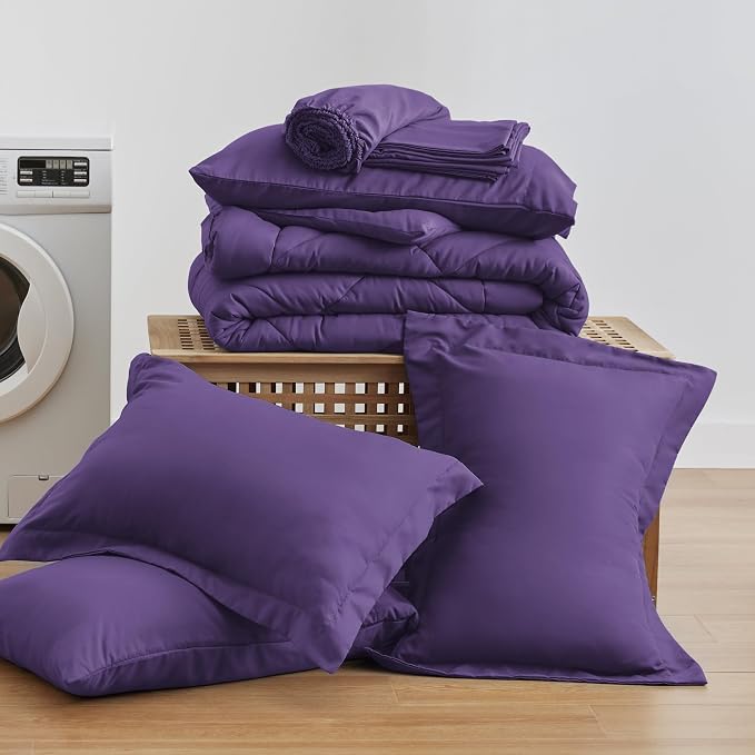 Love's cabin Oversized Queen Comforter Set, 7 Pieces Bed in a Bag, All Season Bedding Sets with 1 Comforter, 1 Flat Sheet, 1 Fitted Sheet, 2 Pillowcase and 2 Pillow Sham, Purple