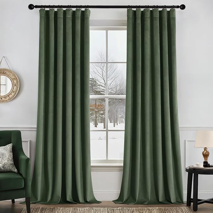 MIULEE Velvet Curtains 50W x 96L 2 Panels Olive Green Blackout Curtains | Luxury velvet fabric, pinch pleat design, back tab hooks, thermal insulated, blackout light blocking, for living room bedroom
