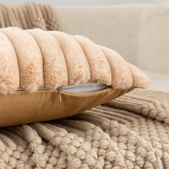 ZLINA Apricot Striped Faux Fur Throw Pillow Covers 18 x 18 Inch | 2‑Pack, boho striped pillow covers,velvet back,fuzzy plush cushion covers , for sofa bed livingroom home decor