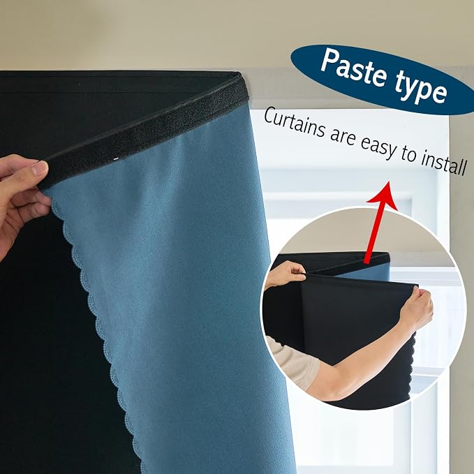 AJAZZ Self Adhesive Curtains 100% Blackout Shades Window Cover Sticky Curtain Portable Easy Open Black Out Curtains for Bedroom Living Room No Drilling (Black, 47" W x 96" L 1 Panel)