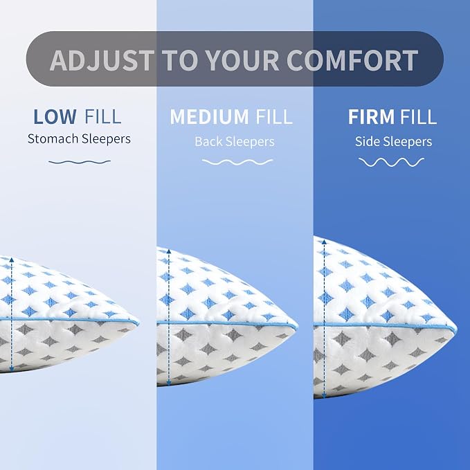Queen Size Pillow 1 Pack for Sleeping, Cooling Adjustable Memory Foam Pillow, Dual Fill Design Helps Maintain Shape, Breathable Washable Cover